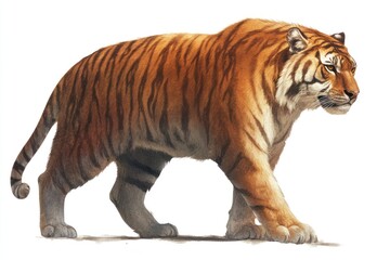 Obraz premium Majestic tiger walking, white background, wildlife illustration, nature print