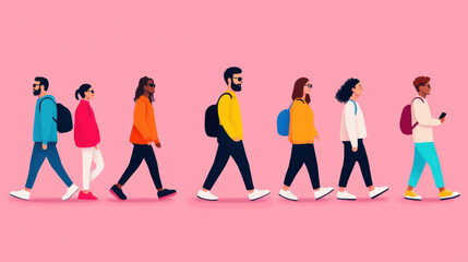 Kenspeckle, Colorful illustration of diverse people walking against a pink background.