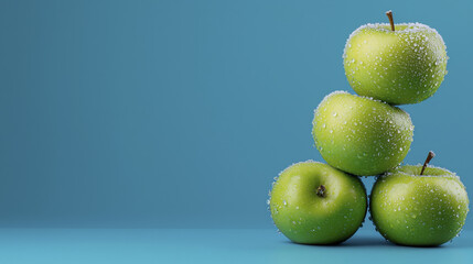 Fresh green apples stacked with water droplets on blue background, showcasing their vibrant color and texture