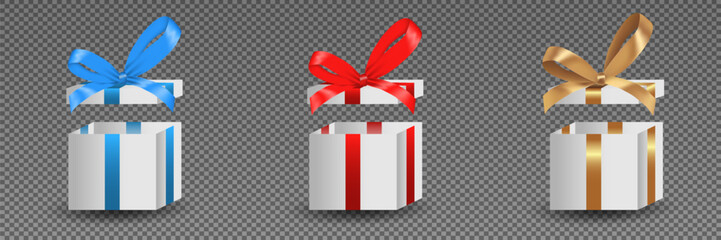 Set of gift boxes with luxurious bows. Happy New Year and Merry Christmas. Gold, red and blue bows. Vector.