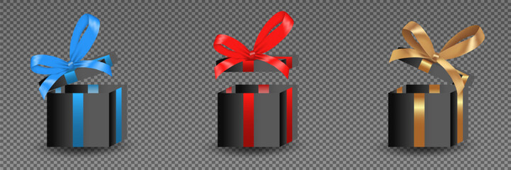 Set of white gift boxes with luxury bonuses. Happy New Year. Gold, red and blue bows. Vector.