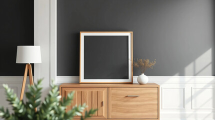 Mockup frame on cabinet in living room interior on empty dark wall background