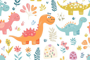 Cute cartoon dinosaur pattern, white background, colorful, simple design, fun and playful style, simple shapes, flat color blocks
