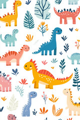Cute cartoon dinosaur pattern, white background, colorful, simple design, fun and playful style, simple shapes, flat color blocks