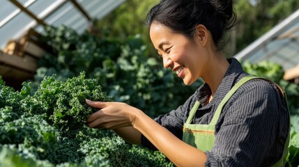Obraz premium Person tending to plants, surrounded by greenery.