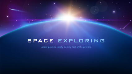 Space background. Vector illustration of cosmos and planet background with text, stars, and comets in dark space. Horizontal planets surface. Space exploration game banner for web, UI. Solar system 