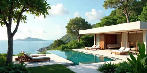 Fototapeta premium Serene Coastal Villa with Infinity Pool and Lush Landscaping Offering Unparalleled Ocean Views