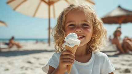 Little girl enjoying ice cream at beach