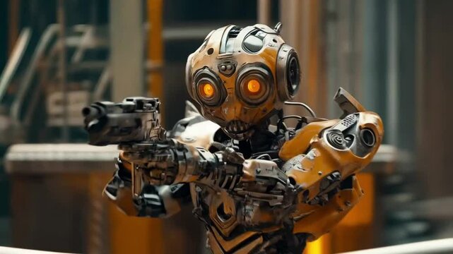 Robot with gun lifting it. Smooth repeating motion for background video animation