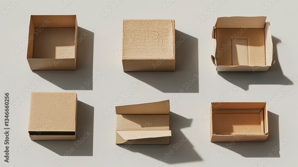Poster cardboard boxes in various open states. showing different openings and shadows. use for packaging de