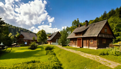Obraz premium Traditional wooden houses in a rural village setting. Cultural heritage, countryside living, and rustic architecture. Peaceful landscape.
