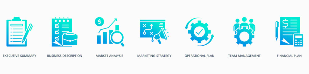 Business Plan banner web icon vector illustration concept with icon of executive summary, business description, market analysis, marketing strategy, operational plan,team management and financial plan