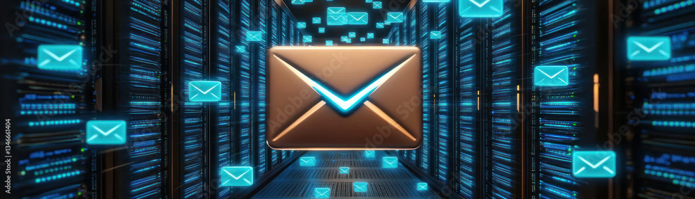 Poster captivating data center scene featuring glowing blue email icons floating amidst rows of servers, sy