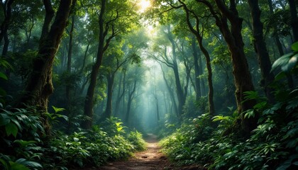 Obraz premium Enchanted Forest Path with Sunlight Rays