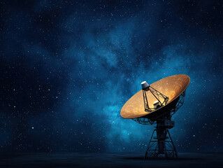 towering radio telescope scanning cosmos for signals, surrounded by starry night sky, evokes sense of wonder and exploration