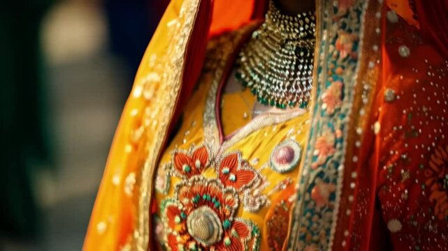 A woman wearing a yellow dress and gold jewelry. Smooth repeating motion for background video animation