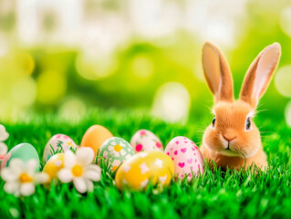 Fototapeta premium A delightful bunny sits surrounded by pastel-colored eggs on lush green grass, complemented by blooming spring flowers. Perfect for evoking the spirit of Easter celebrations