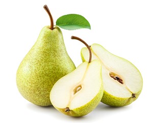 Fresh Green Pears with Sliced Pieces Isolated on White Background