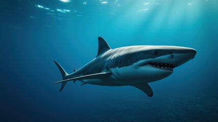 Fototapeta premium Majestic Shark Silhouette Against Ocean Horizon