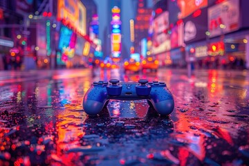 A blue game controller on wet pavement in a city scene