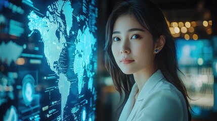 A focused woman stands before a digital map and data interface, blending technology with professionalism in a modern workspace.