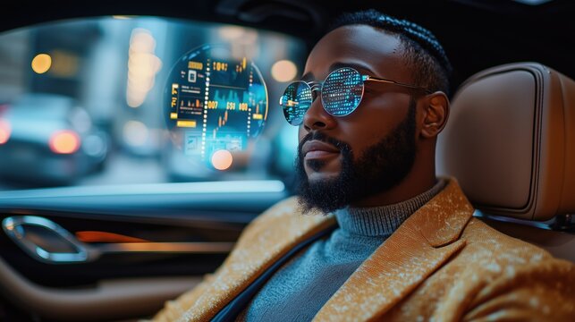 A stylish man wearing sunglasses sits in a modern car, with digital data visuals reflecting his high-tech environment.