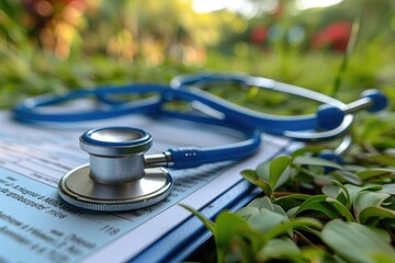A blue stethoscope on paperwork among green leaves