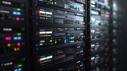 Naklejka premium Modern data center servers with led lights and control panels