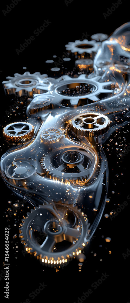 Poster abstract 3d rendering of interlocking metallic gears with golden highlights against a dark backgroun