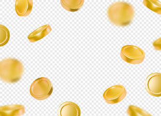 Gold falling coins. Coins flying, blur effect. Money golden cash coins background on transparent background. Gambling, casino, profit concept. Income poster Jackpot win.