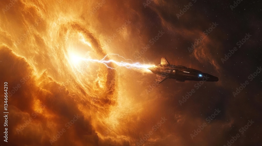 Poster spaceship traversing a fiery nebula