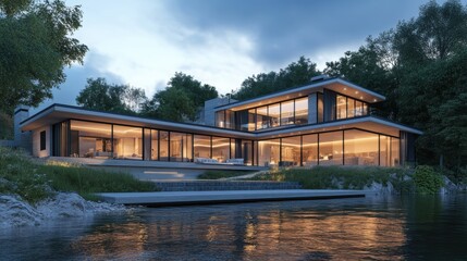 3d rendering of modern house by the river house, luxury, villa, modern, architecture, building, exterior, residential, property, designer