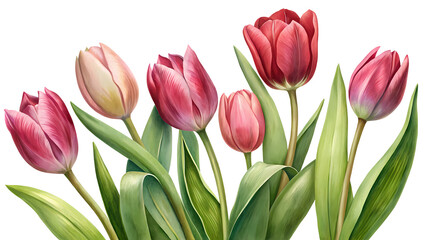 Fototapeta premium A delightful bouquet of pink and red tulips with vibrant green leaves artfully arranged against a stark white background
