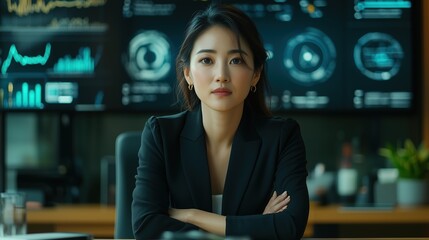 A confident woman in business attire sits at a desk, with digital screens displaying data and analytics in the background.