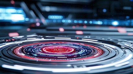 Abstract Futuristic Technology Interface with Glowing Red and Blue Circles