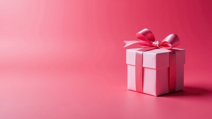 Fototapeta premium A Delicate Pink Gift Box with a Lovely Ribbon Bow on a Matching Background