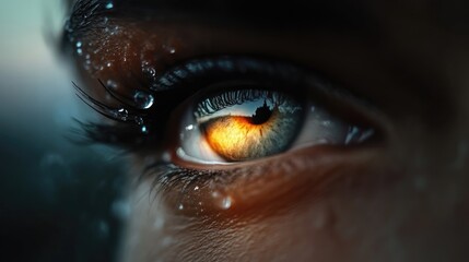 Close-up of a captivating eye, glistening with water droplets, showcasing an inner glow