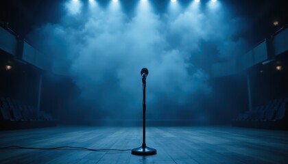 A solitary microphone stands on a dimly lit stage, surrounded by fog, creating an atmosphere of anticipation and performance.