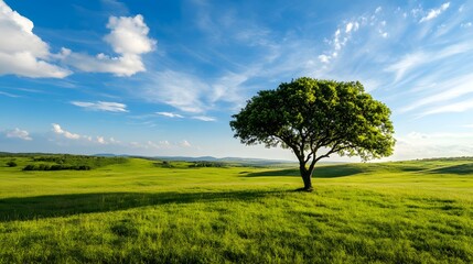 Fototapeta premium Serene Green Meadow Landscape with Single Tree under Blue Sky