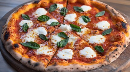Stone baked pizza with blistered crust fresh mozzarella melting and basil leaves scattered on top reminiscent of an authentic Neapolitan pizzeria