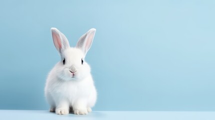 Fototapeta premium cute animal pet rabbit or bunny white color smiling and laughing isolated with copy space for easter background, rabbit, animal, pet, cute, fur, ear, mammal, background, celebration, generate by AI