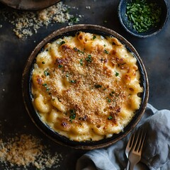 Close up of baked mac and cheese with golden crust high resolution picture