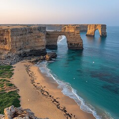 Obraz premium Stunning Coastal Cliff and Natural Rock Arch Formation Overlooking Turquoise Sea with Sandy Beach at Sunrise - Perfect Destination for Scenic Seascape Photography