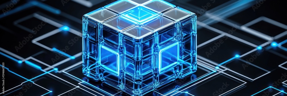 Poster advanced technology cube with glowing circuitry