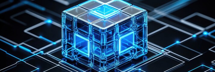 Advanced technology cube with glowing circuitry