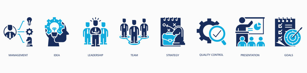 Business Strategy banner web icon vector illustration concept with icon of management, idea, leadership, strategy, quality control, presentation and goals