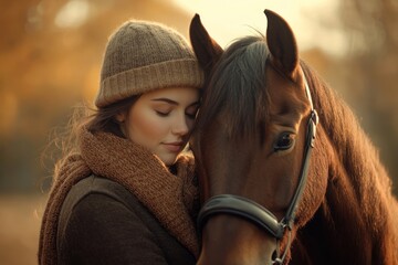 Fototapeta premium Woman hugging horse, autumn sunset, peaceful field. Stock photo for equine, nature, calmness themes