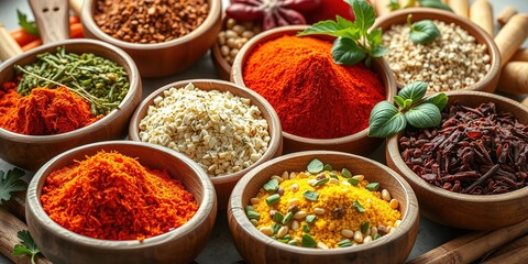 Fototapeta premium Aromatic Explosion: Wooden Bowls Overflowing with Spices and Vegetables