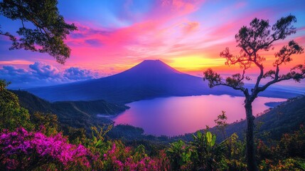 Obraz premium Volcanic lake sunrise, vibrant colors, tropical landscape, tourism postcard