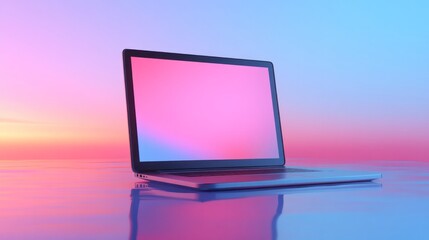 Sleek laptop displays a vibrant pink and blue gradient screen